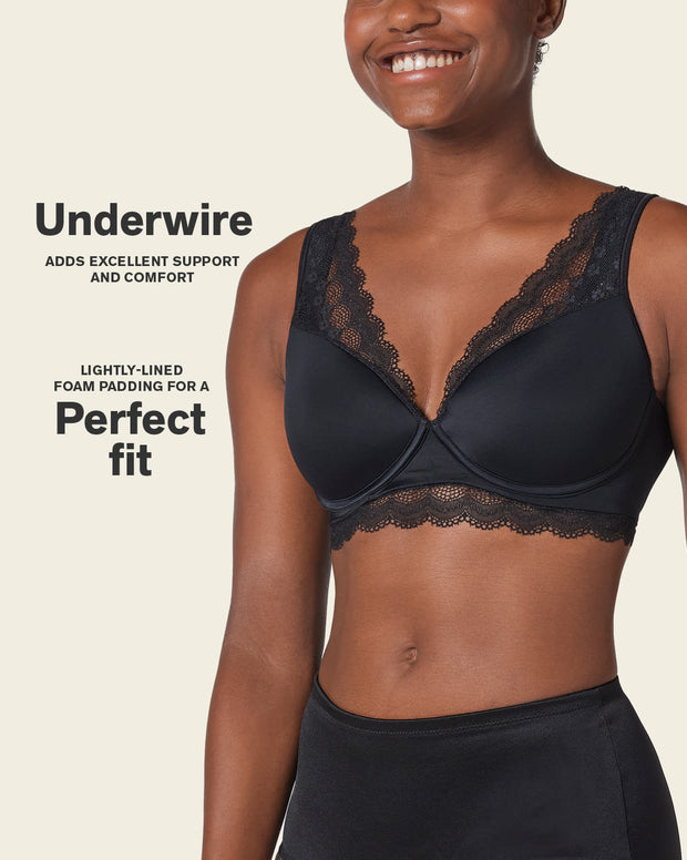 Deep coverage bra: soft lightly-lined lace underwire bra