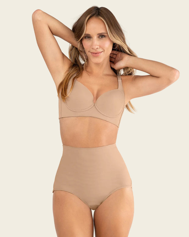Firm compression postpartum panty with adjustable belly wrap