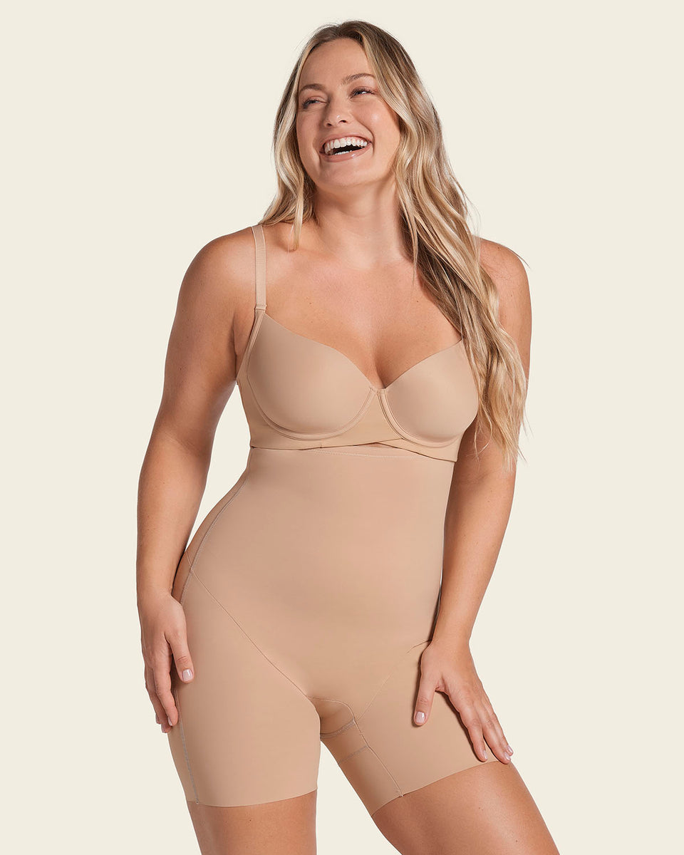 Strapless sculpting step-in body shaper with short bottom