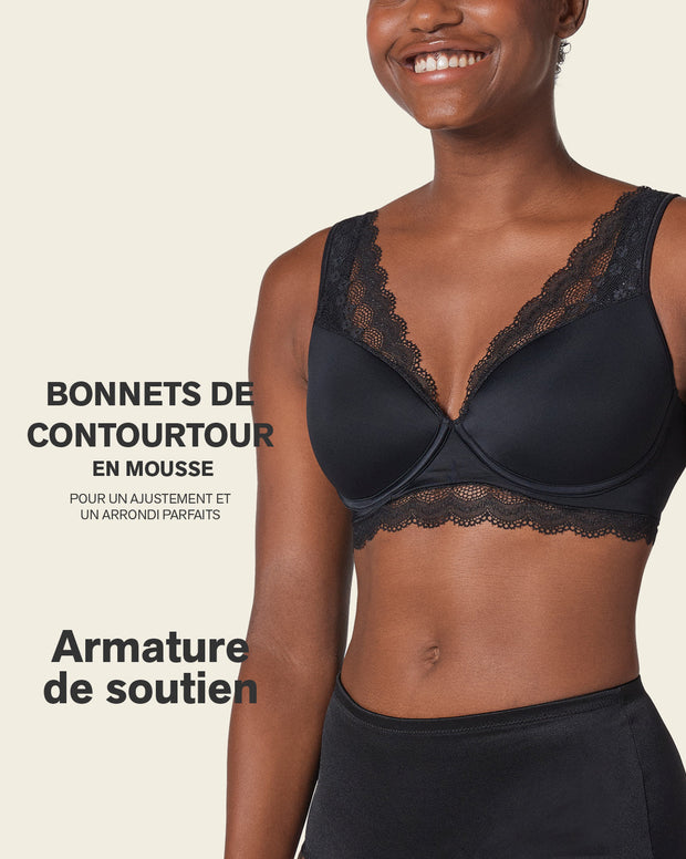 Deep coverage bra: soft lightly-lined lace underwire bra