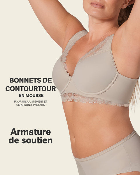 Deep coverage bra: soft lightly-lined lace underwire bra#color_802-nude
