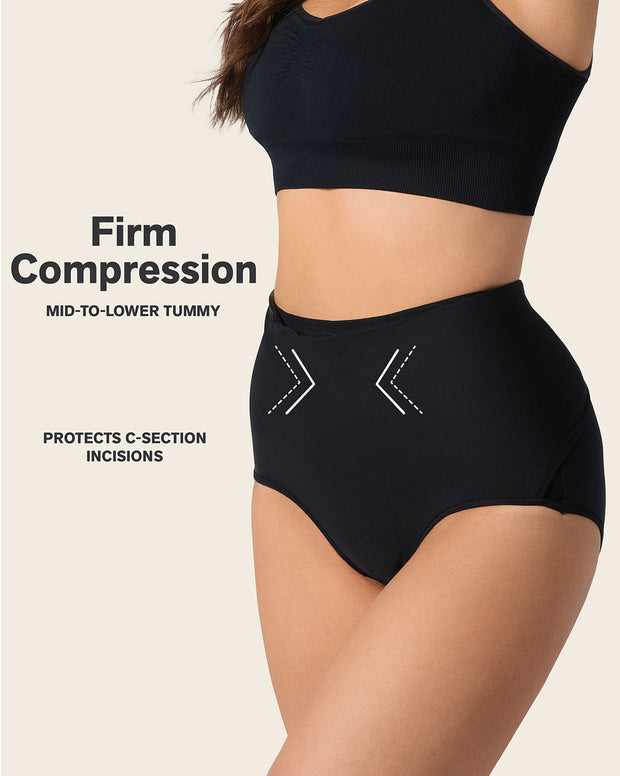 Firm compression postpartum panty with adjustable belly wrap