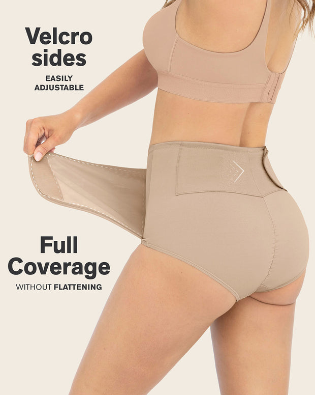 Firm compression postpartum panty with adjustable belly wrap