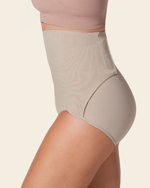 High-waisted firm compression postpartum panty with adjustable belly wrap#color_802-nude