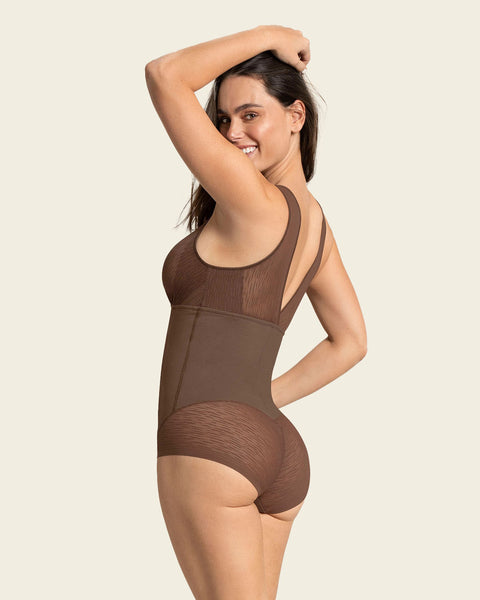 Sheer stripe detail sculpting bodysuit#color_875-dark-brown