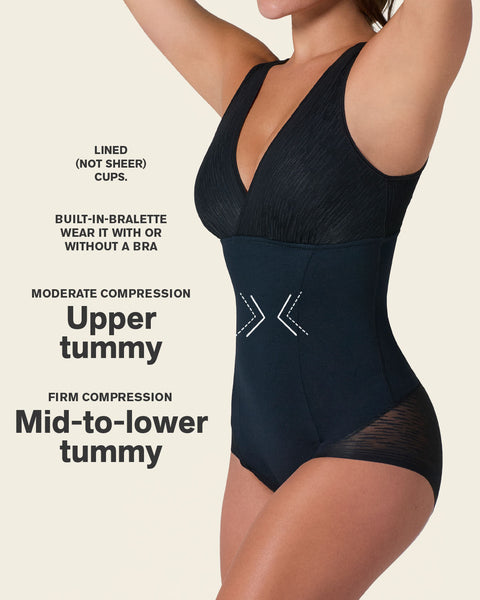 Sheer stripe detail sculpting bodysuit#color_700-black