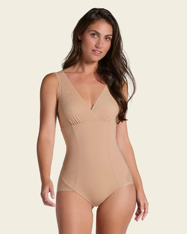 Sheer stripe detail sculpting bodysuit#color_801-golden-beige