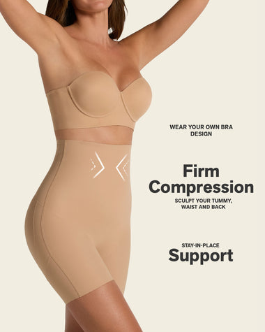Strapless sculpting step-in body shaper with short bottom#color_801-golden-beige