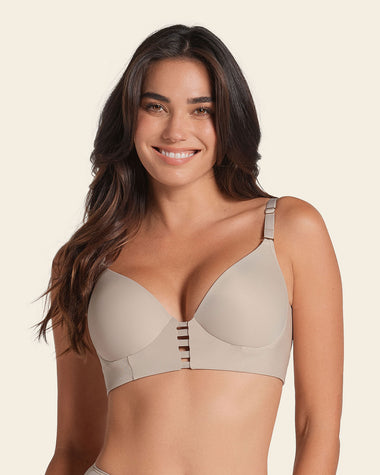 Memory foam push-up underwire bustier bra with strappy front#color_802-nude