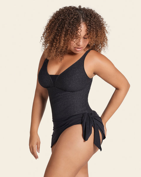 Shiny Slimming One-Piece Swim Dress#color_700-shiny-black