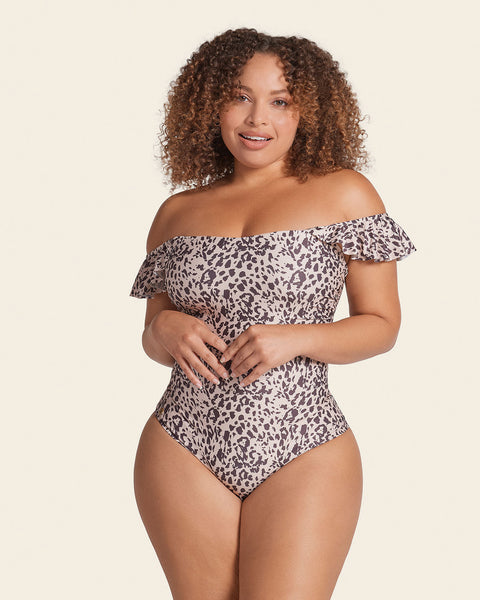 Eco friendly slimming swimsuit with tie back and ruffle details#color_806-cheetah-print