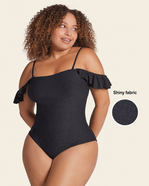 Strapless One-Piece Slimming Swimsuit with Ruffles#color_700-shiny-black