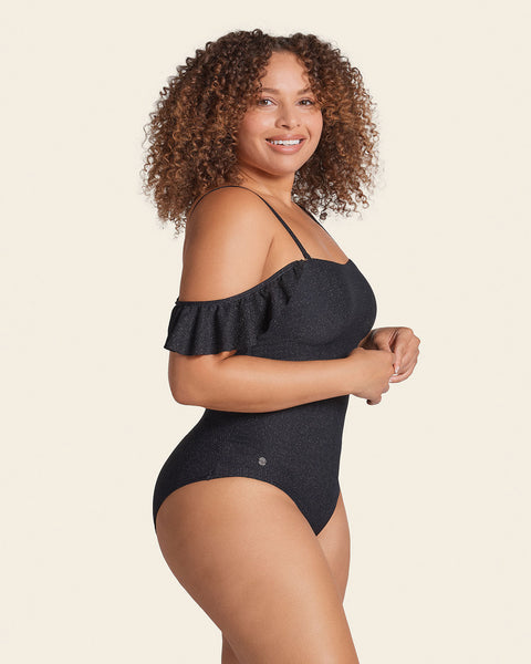 Strapless One-Piece Slimming Swimsuit with Ruffles#color_700-shiny-black