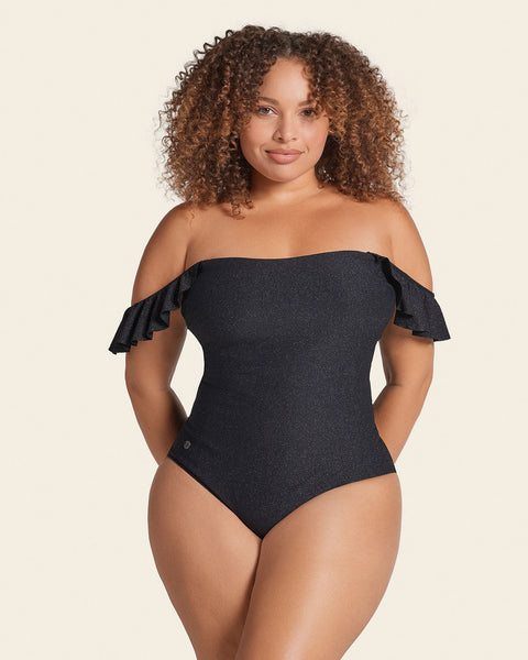 Strapless One-Piece Slimming Swimsuit with Ruffles#color_700-shiny-black