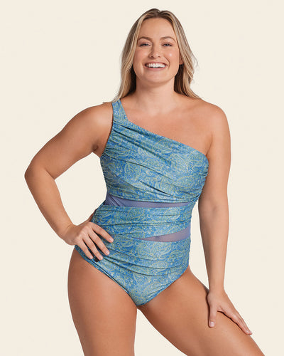 One-Piece Slimming Swimsuit in Shiny Fabric with Sheer Cutouts