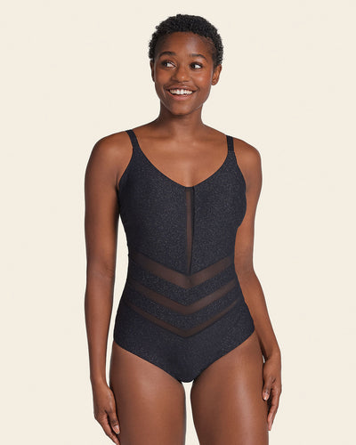 Belvia |Shapewear Slimswim Swimsuit Woven Bra Pad Tummy Control Shirred  Bathing Suit 20-22| Black XL