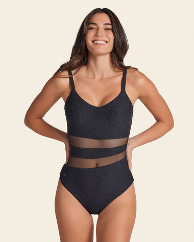 One-Piece Slimming Swimsuit in Shiny Fabric with Sheer Cutouts#color_700-shiny-black