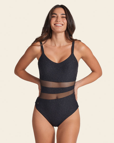 One-Piece Slimming Swimsuit in Shiny Fabric with Sheer Cutouts