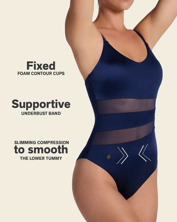 One-Piece Slimming Swimsuit with Mesh Stripes in Front