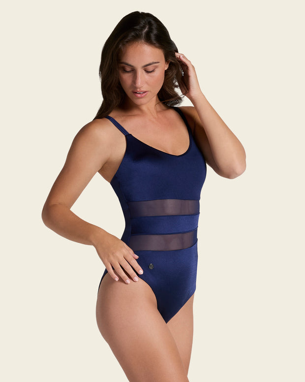 One-Piece Slimming Swimsuit with Mesh Stripes in Front
