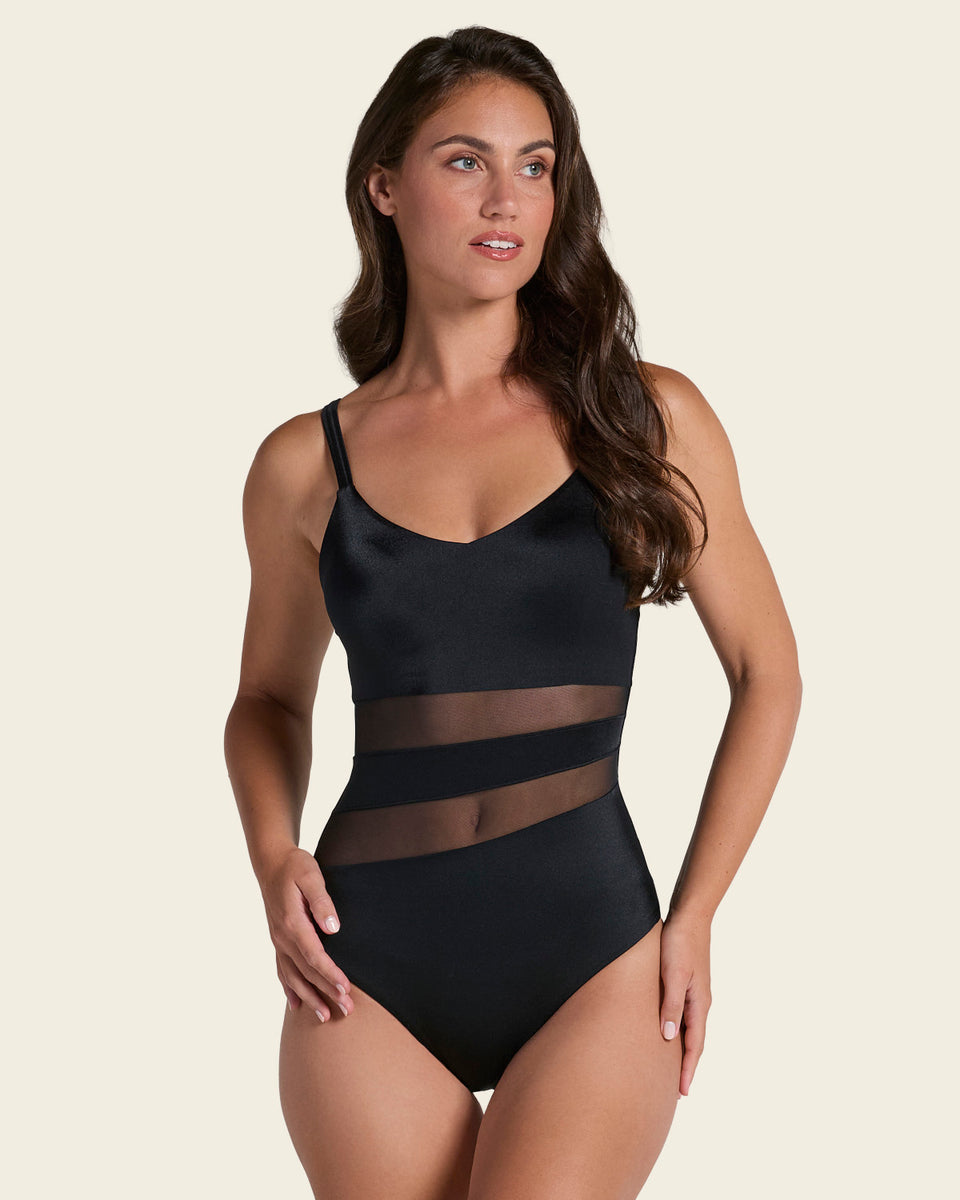 One-Piece Slimming Swimsuit with Mesh Stripes in Front