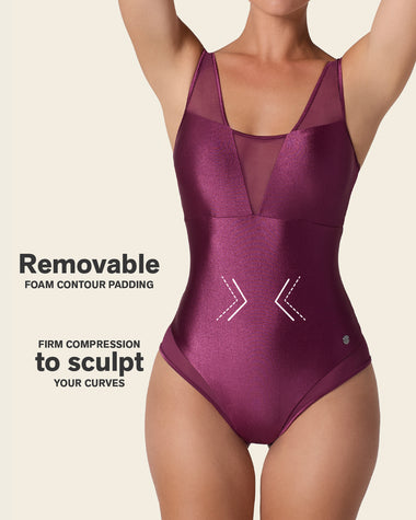 One-Piece Sheer Mesh Accent Sculpting Swimsuit#color_466-midnight-plum