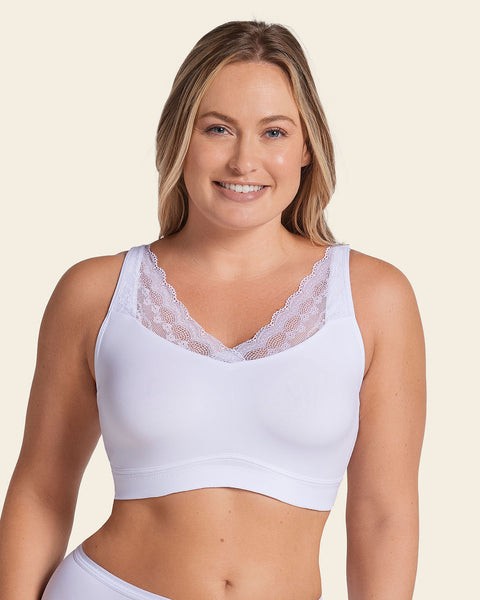 Mastectomy pocketed lace trim wireless bra#color_000-white