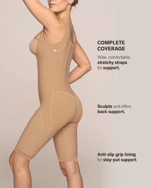 post-surgical short bottom girdle with front hook-and-zip closure, wide straps#color_880-natural-tan