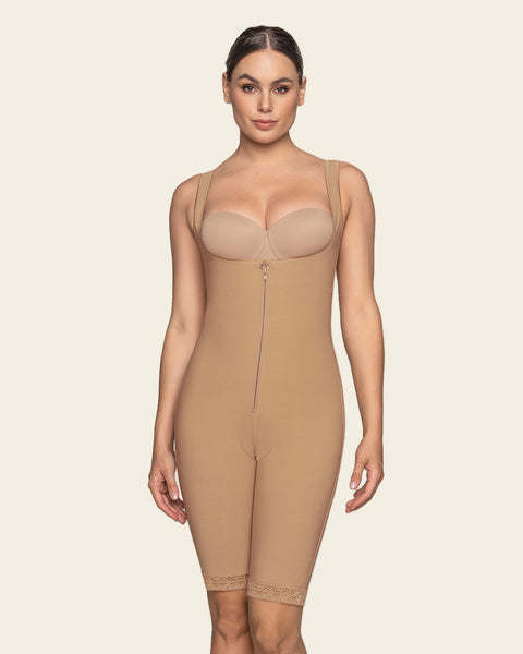 post-surgical short bottom girdle with front hook-and-zip closure, wide straps#color_880-natural-tan