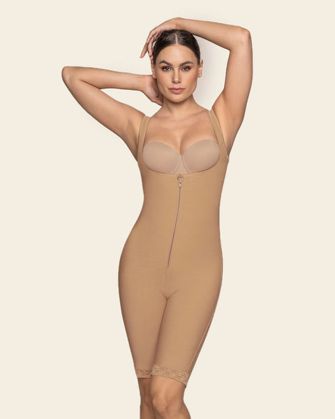 post-surgical short bottom girdle with front hook-and-zip closure, wide straps#color_880-natural-tan