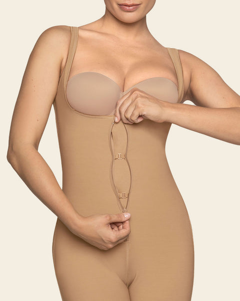 post-surgical short bottom girdle with front hook-and-zip closure, wide straps#color_880-natural-tan