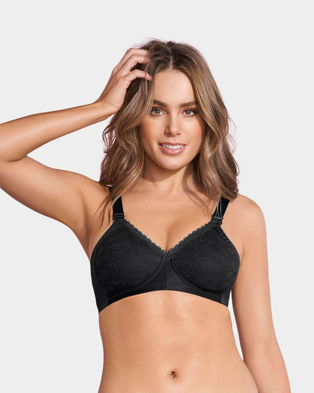 Extra coverage support wireless bra with lace cups