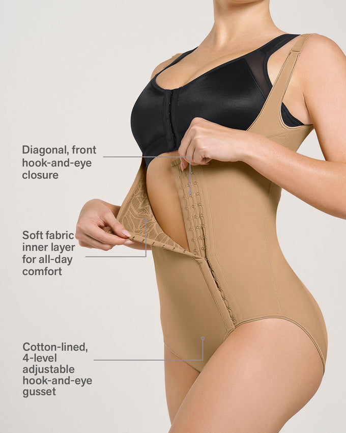 Stage 1 post-surgical brief bottom firm compression bodysuit with diagonal hook-and-eye closure#color_880-natural-tan
