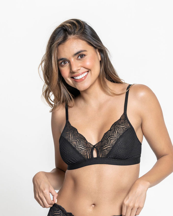Triangle lace bralette with sheer buttonhole detail#color_700-black