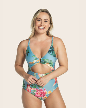 Eco friendly keyhole detail one piece swimsuit#color_518-blue-leaves-print