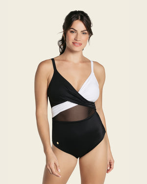 Cross-front contrast graphic one-piece slimming swimsuit#color_700-black