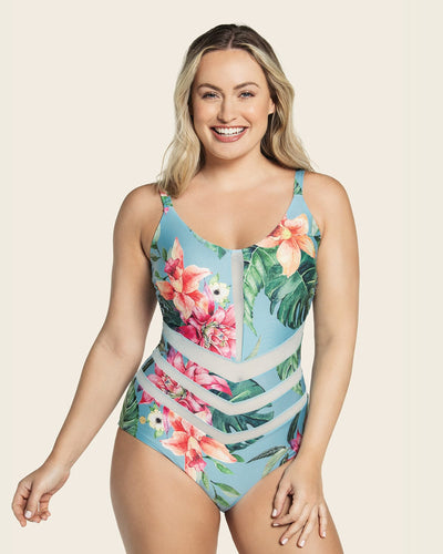 Eco friendly slimming swimsuit with tulle cutouts#color_518-blue-leaves-print