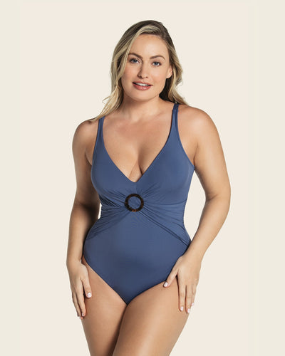 Eco friendly slimming one piece with draped neckline#color_512-blue