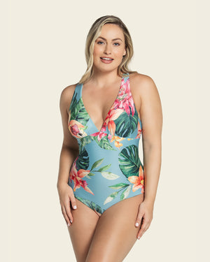 Ecofriendly one piece swimsuit with back detail#color_518-blue-leaves-print
