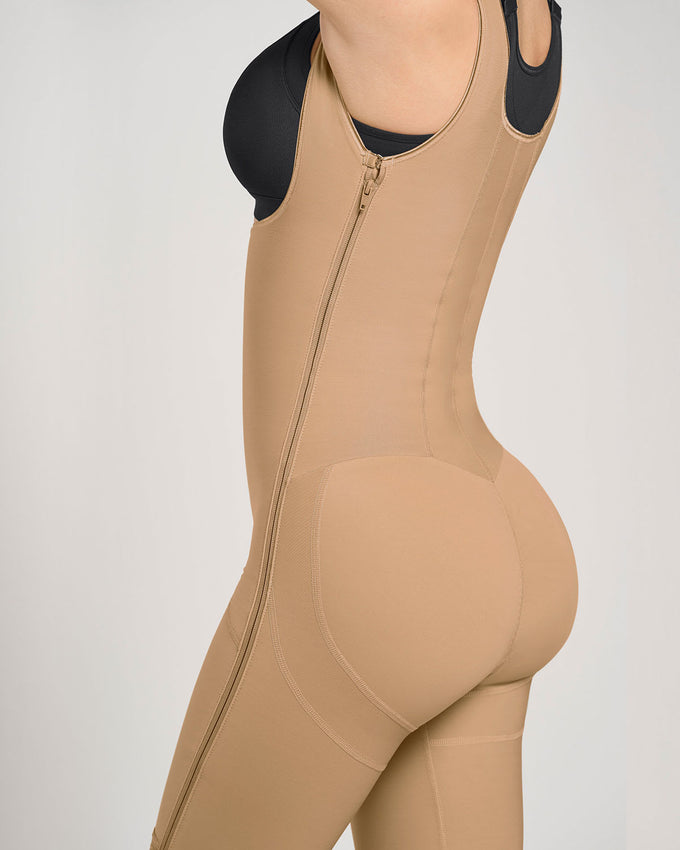 Stage 1 post-surgical short girdle with side zippers and wide straps#color_880-natural-tan